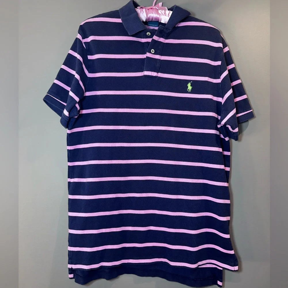 Polo Ralph Lauren Custom Fit Navy Pink Striped Polo Shirt Men’s L